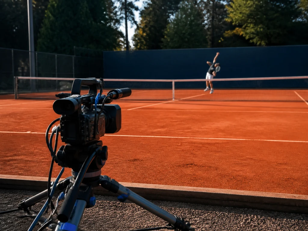 Caméraman filmant un match de tennis depuis le bord du court
