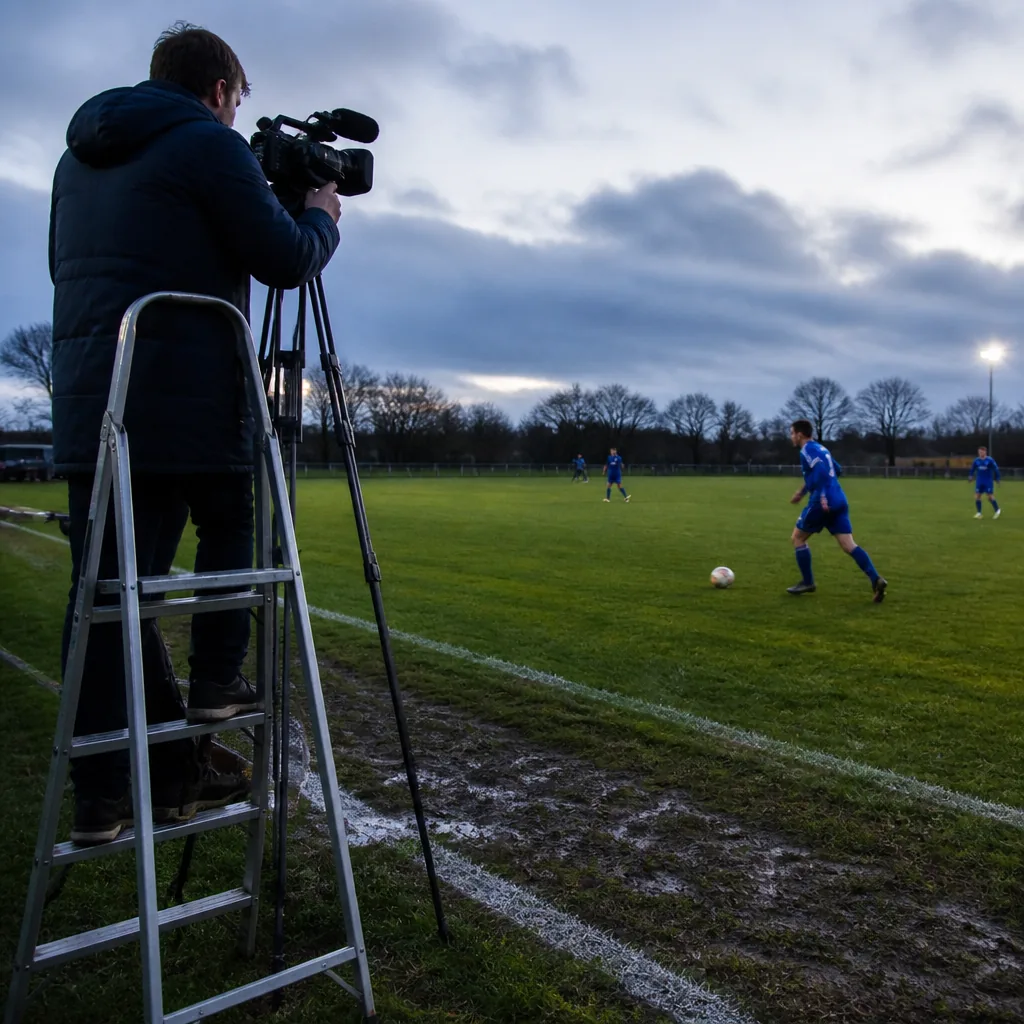 Caméras filmant un match de football depuis les tribunes du stade